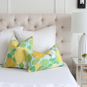 Schumacher Hydrangea Yellow Floral Designer Luxury Decorative Throw Pillow Cover on Bed with White Large Pillows