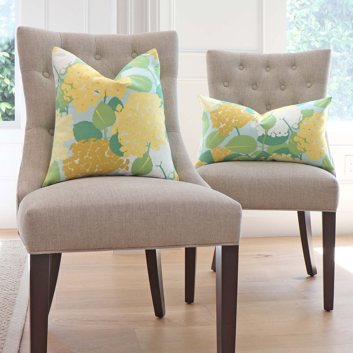 Schumacher Hydrangea Yellow Floral Designer Luxury Decorative Throw Pillow Cover on Dining Chairs in Home Decor