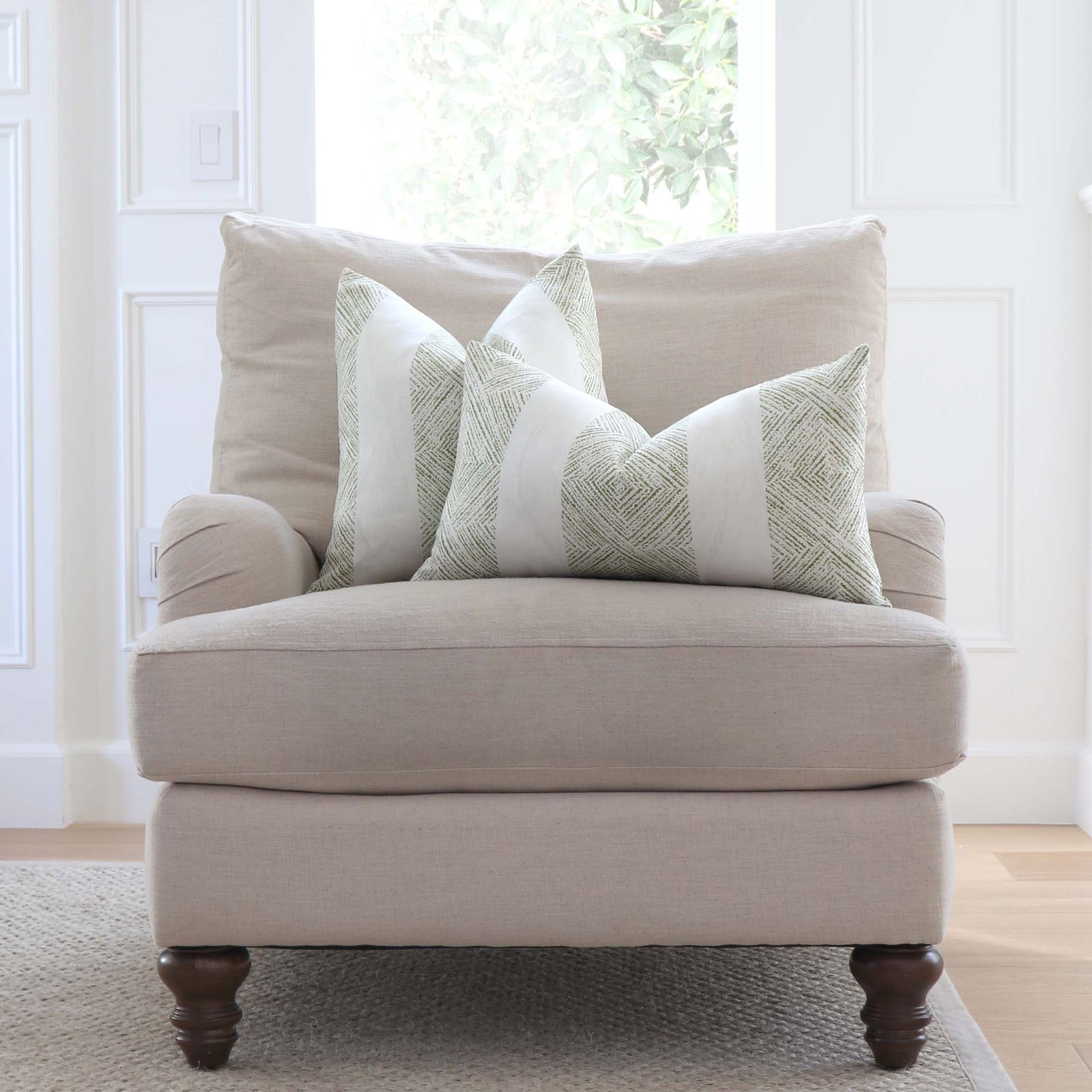 Thibaut Clipperton Stripe Green Designer Throw Pillow Cover on Accent Chair in Living Room