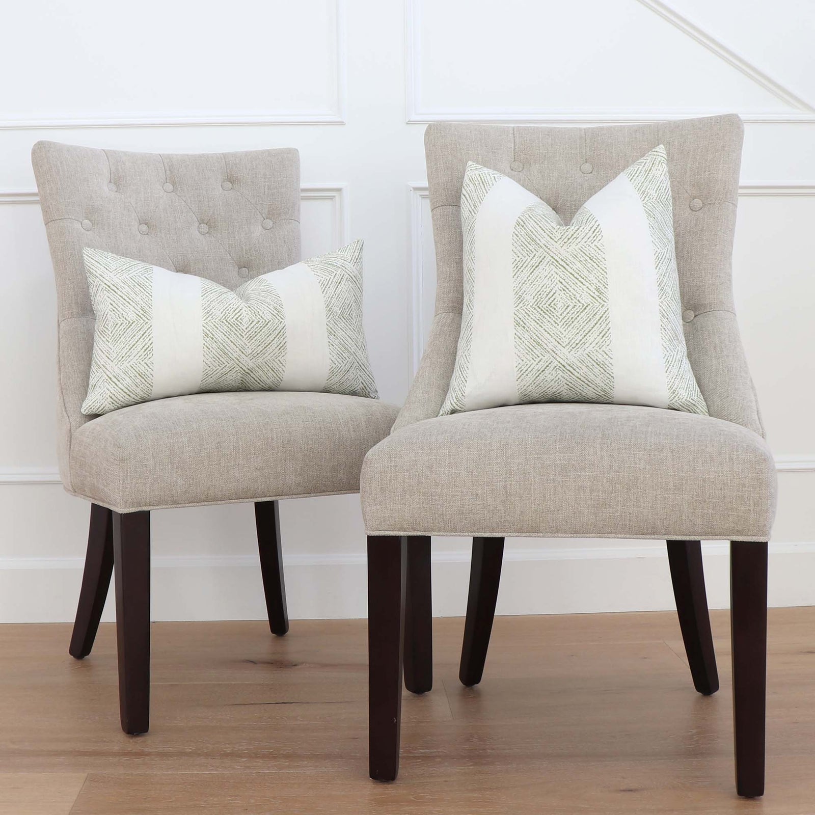 Thibaut Clipperton Stripe Green Designer Throw Pillow Cover on Chairs in Home Decor