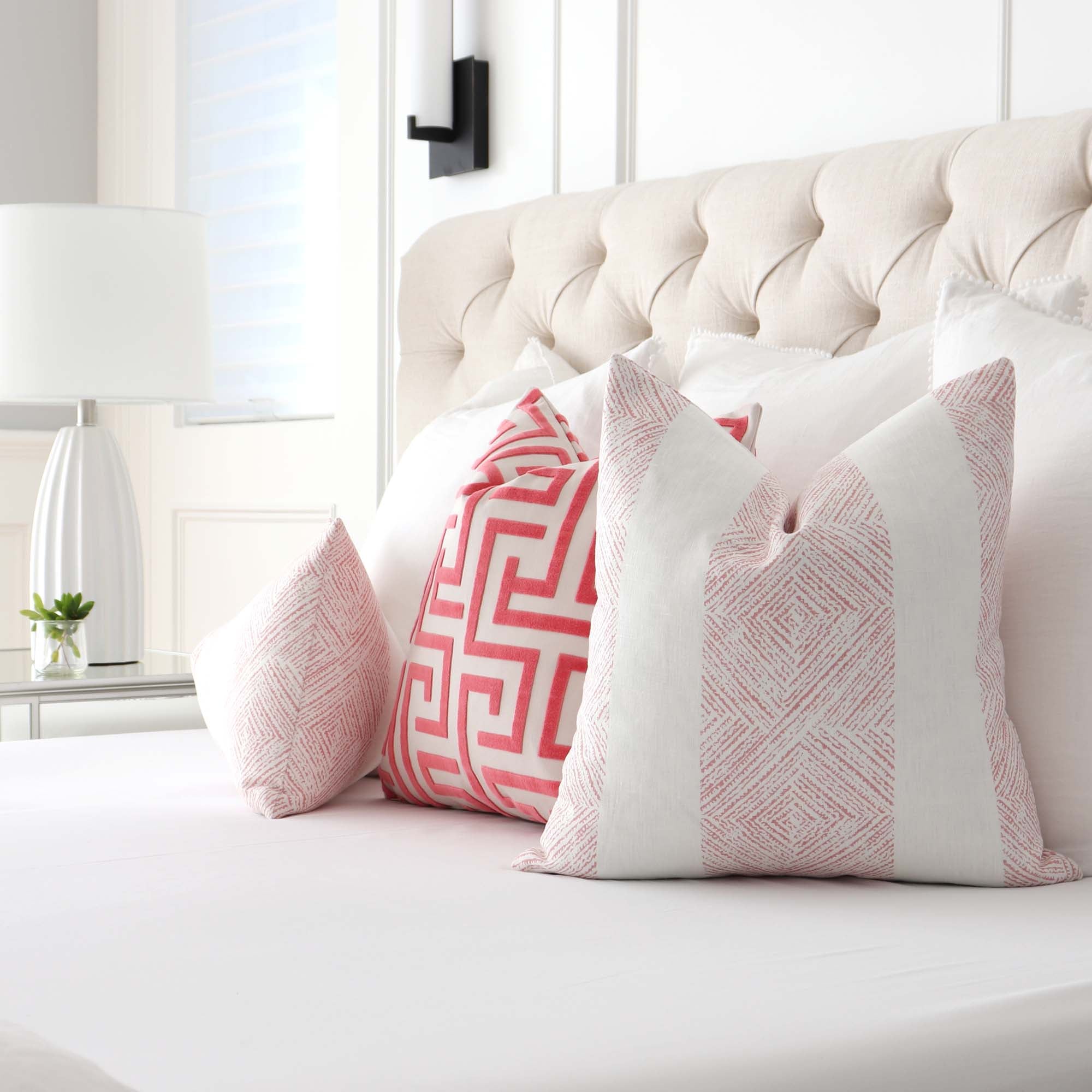 Thibaut Clipperton Stripe Blush Pink Designer Luxury Throw Pillow Cover in Bedroom with Ming Trail Cut Velvet Throw Pillow