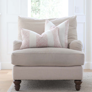 Thibaut Clipperton Stripe Blush Pink Designer Luxury Throw Pillow Cover on Accent Chair in Living Room Decor