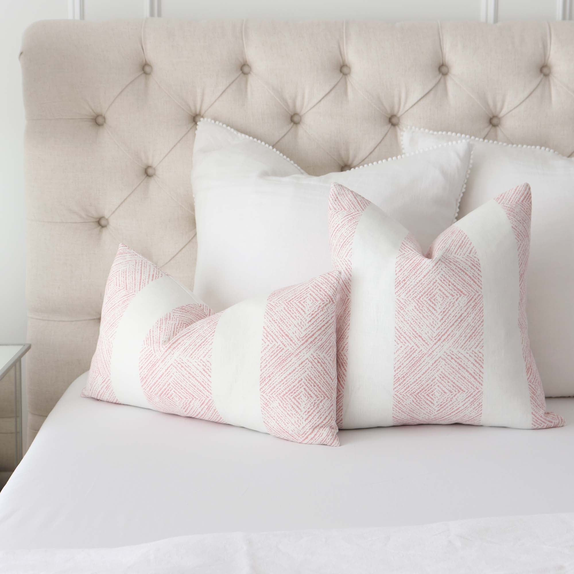Thibaut Clipperton Stripe Blush Pink Designer Luxury Throw Pillow Cover with Matching Euro White Linen Throw Pillows