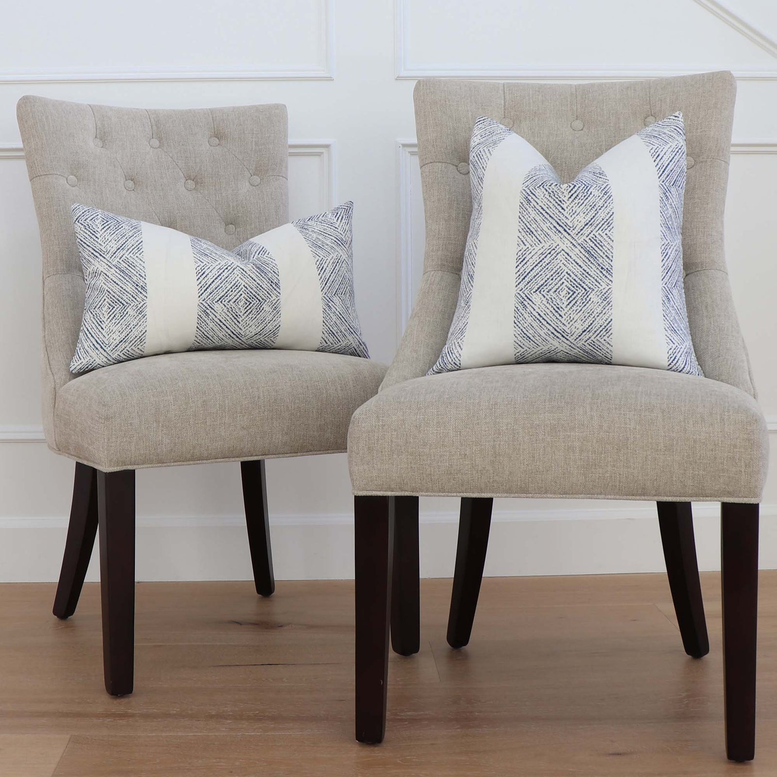 Thibaut Clipperton Stripe Navy and White Designer Luxury Linen Throw Pillow Cover on chairs in home decor