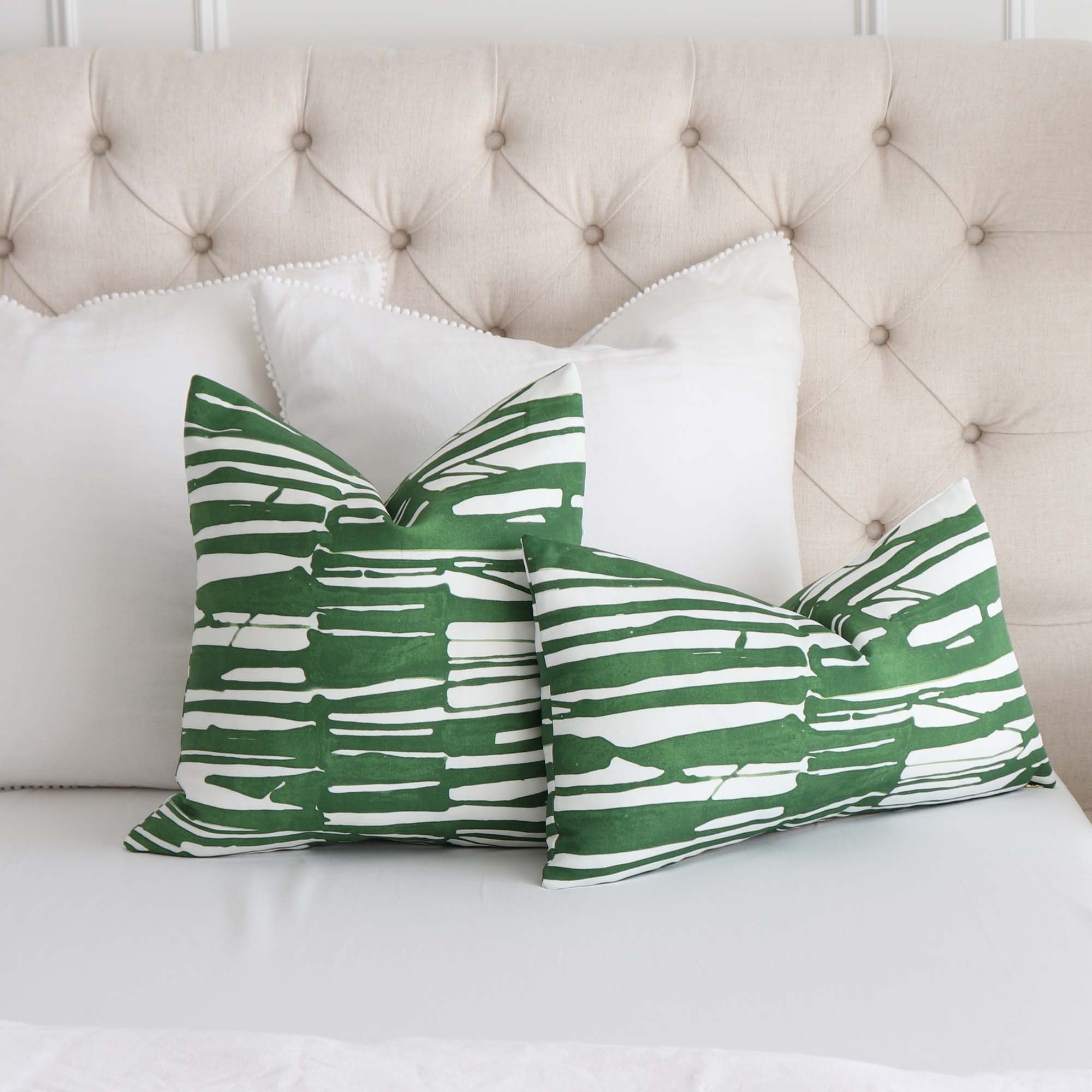Thibaut Ischia Stripe Emerald Green and White Designer Throw  Pillow Cover with Matching White Euro Shams