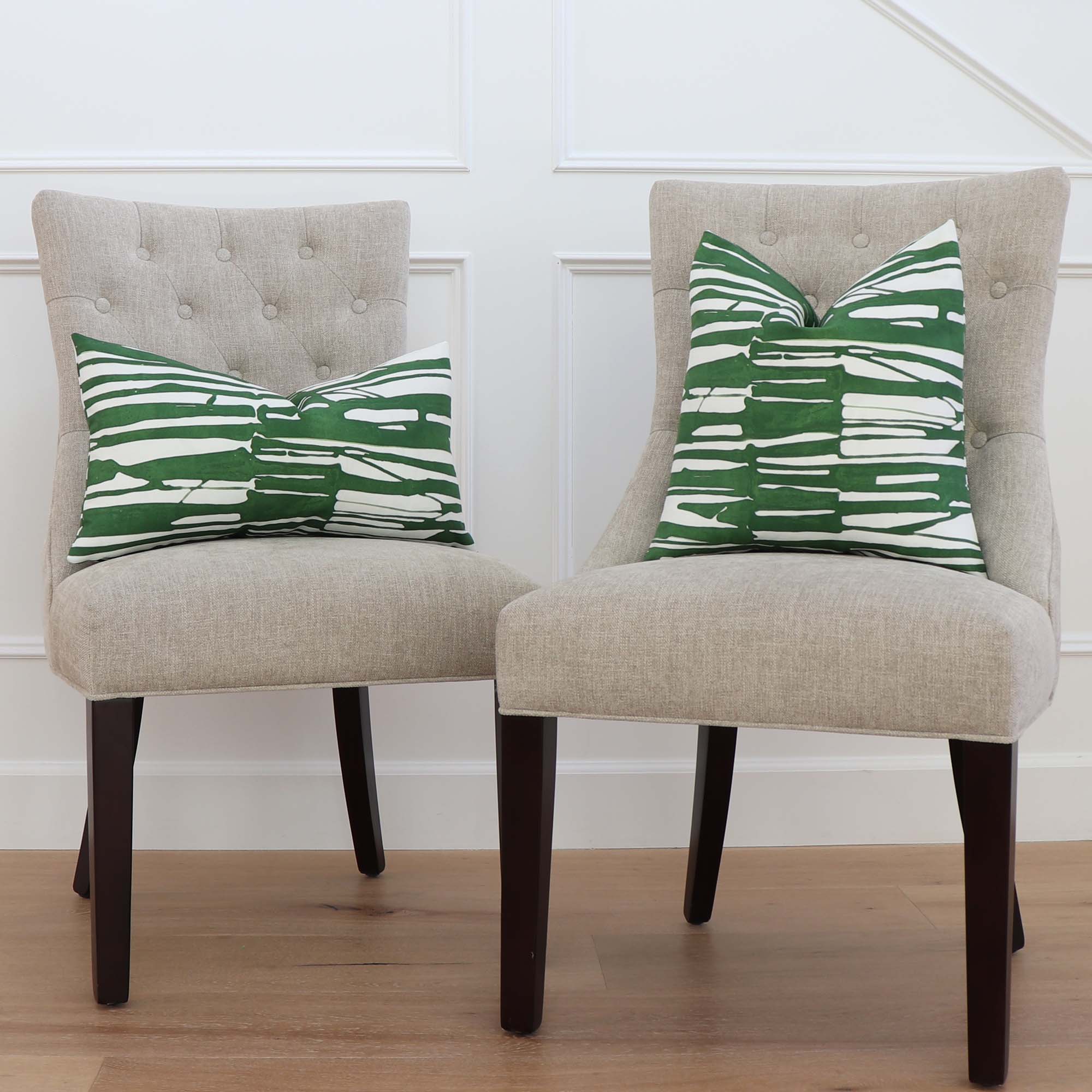 Thibaut Ischia Stripe Emerald Green and White Designer Throw  Pillow Cover on Home Decor Dining Chairs